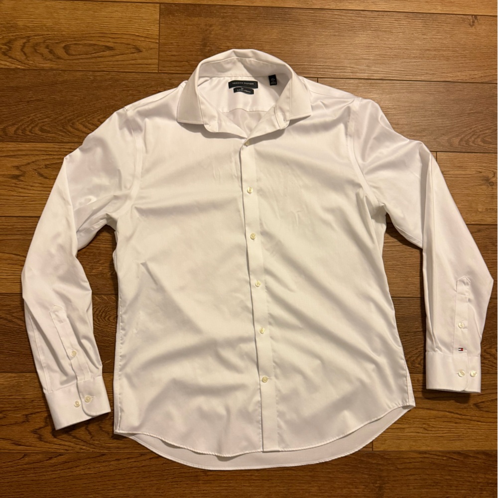 Tommy Hilfiger White Slim Fit Stretch long sleeve Dress Shirt Lg 16 1/2 neck